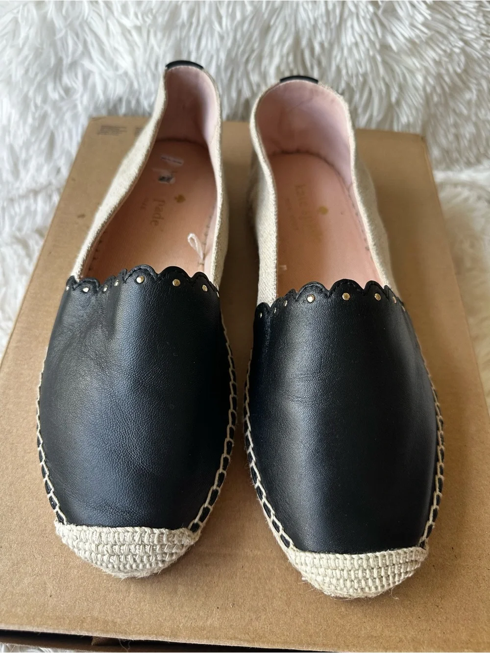 Kate Spade Gardenia Women’s Black Leather Tan Espadrille Flats Size: 6.5